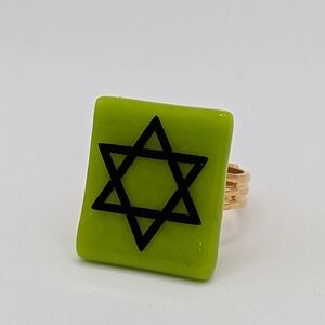 Handmade green glass Star of David or statement ring Gold plated adjustable